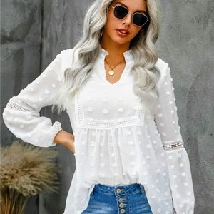 Romantic feelin a white woman top with  Puffs looks lpull over